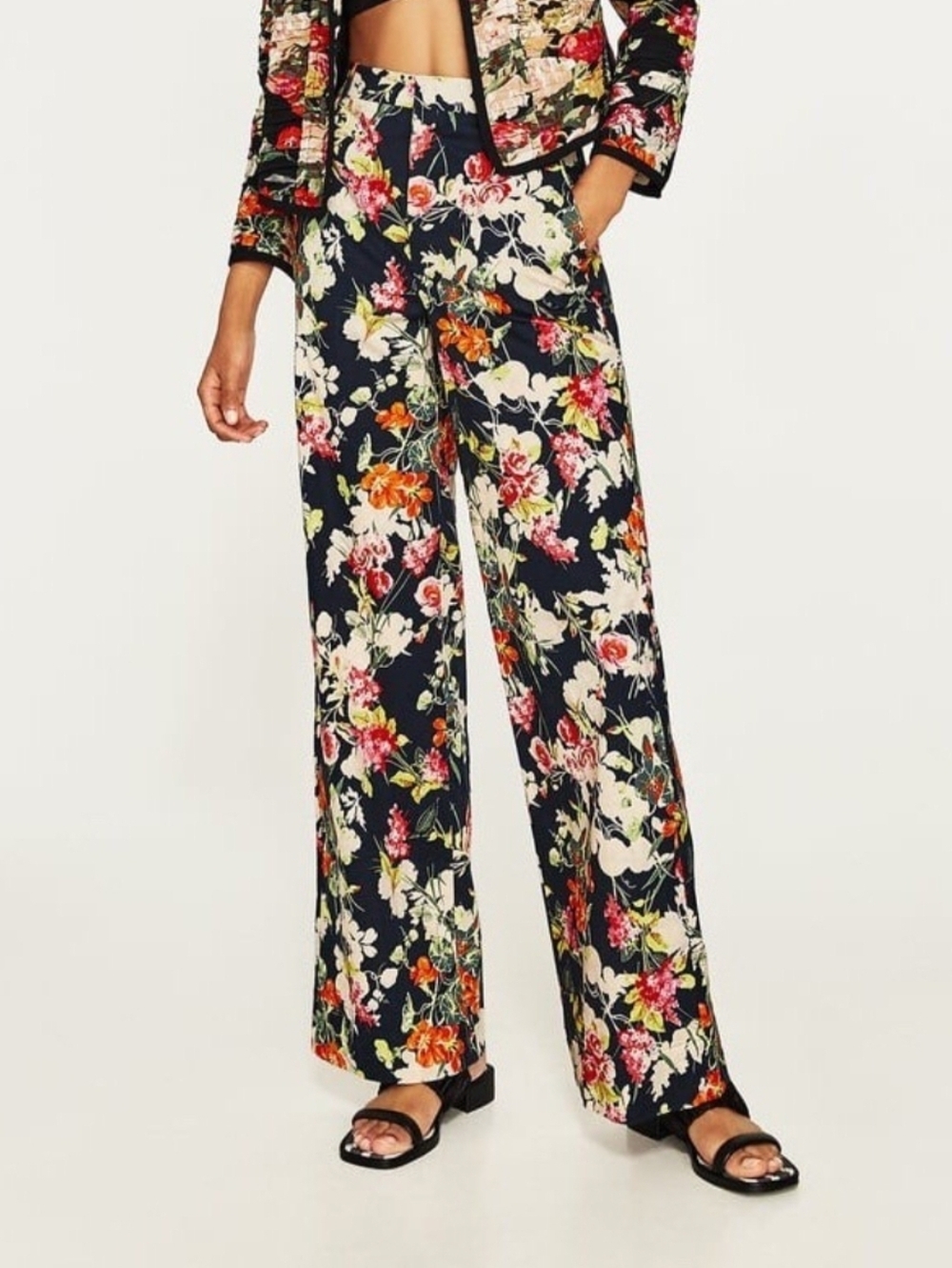 Zara Navy Floral Wide-Leg Pants Size XS